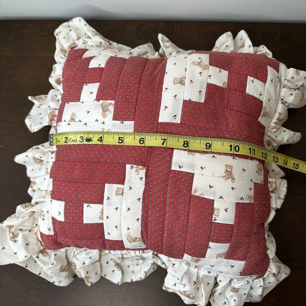 Vintage Christmas Quilted Pillow Handmade Throw Pillow Shabby Cottage Bear Red